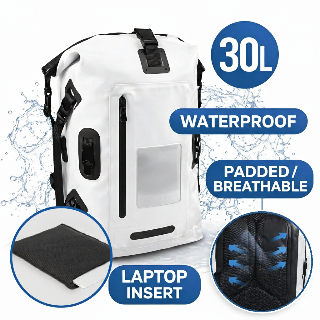 Waterproof 30L Laptop Backpack Dry Bag Rain & Motorcycle Use